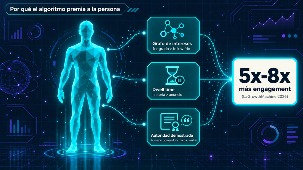 Diagrama que explica por qué el algoritmo de LinkedIn premia los perfiles personales