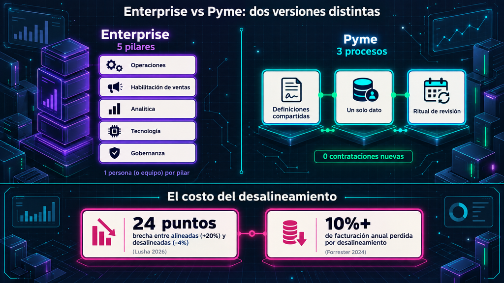 Diferencia entre los pilares de RevOps enterprise y la versión ligera que sostiene una pyme B2B con equipo chico