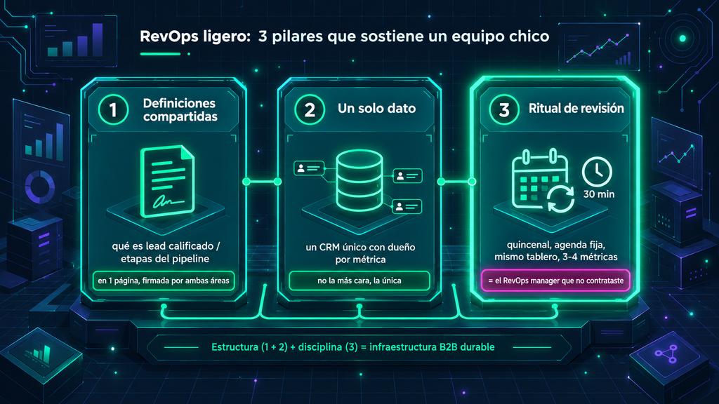 Los tres pilares operativos de RevOps ligero para pyme B2B: definiciones compartidas, un solo dato y ritual de revisión